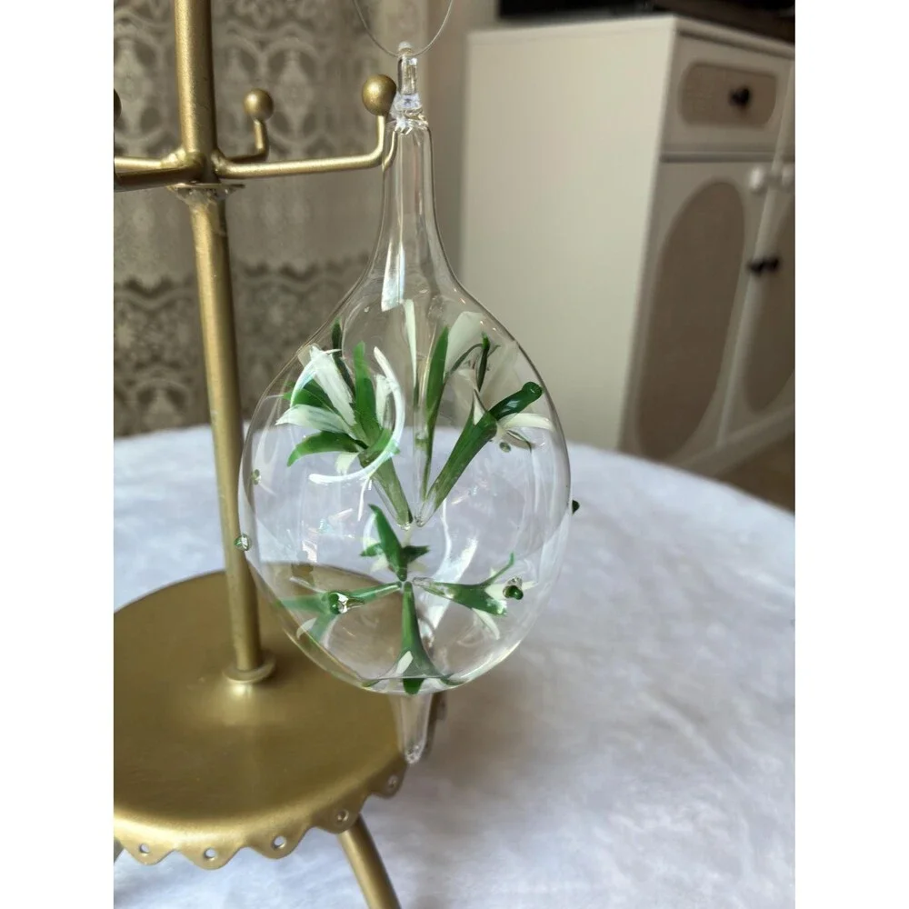 Vintage Handblown Glass Ornament | Floral Green & White | Teardrop Shape